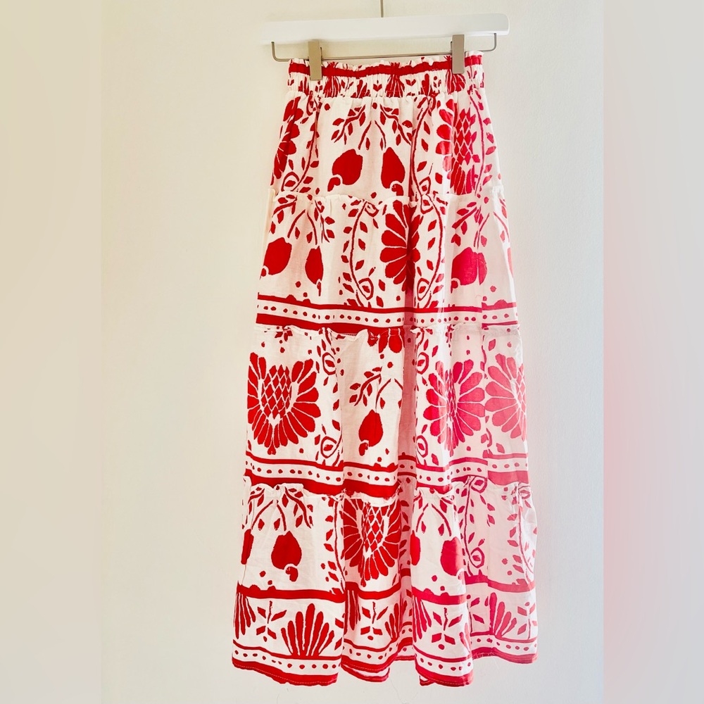 Haute Hippie Linen Red White Floral Boho Maxi Skirt • XS•